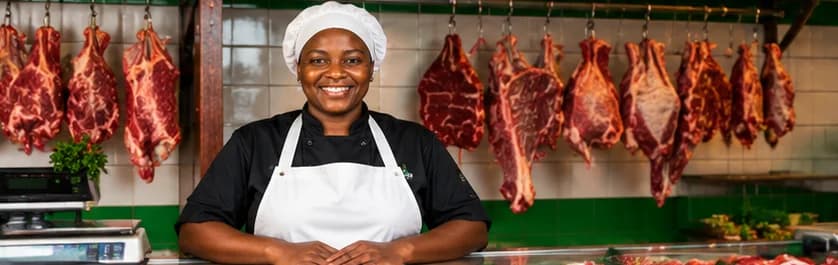 A butcher smiling behind her shop counter